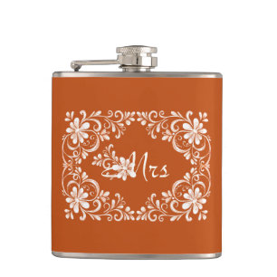 Romantische oranje shabby chic Mrs trouwfles Heupfles