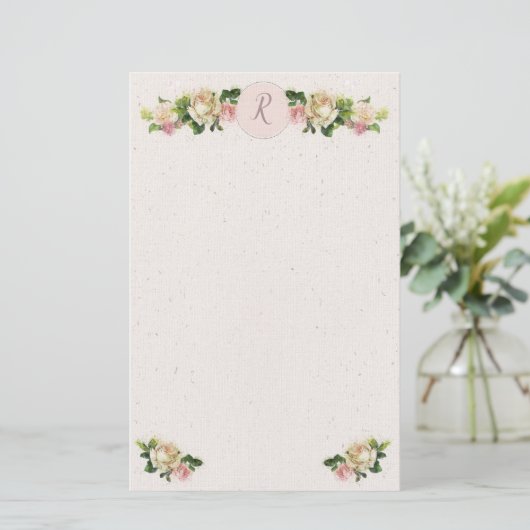 Romantische Oude Rozen Monogram Stationery Briefpapier (Staand voorkant)