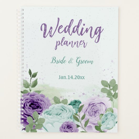 Romantische paarse Blauwe Bloemen Groen Bruiloft Planner (Voorkant)