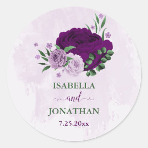 Romantische paarse bloemen groen bruiloft ronde sticker