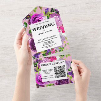 Romantische Paarse Bloemencode QR Code  All In One Uitnodiging