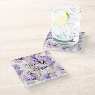 Romantische Paarse Crème Iris Floral Beauty Quote Glazen Onderzetter