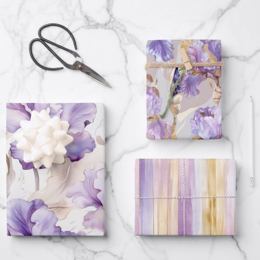 Romantische Paarse Crème Iris Floral Vrijgezellenf Inpakpapier Vel (Voorkant)
