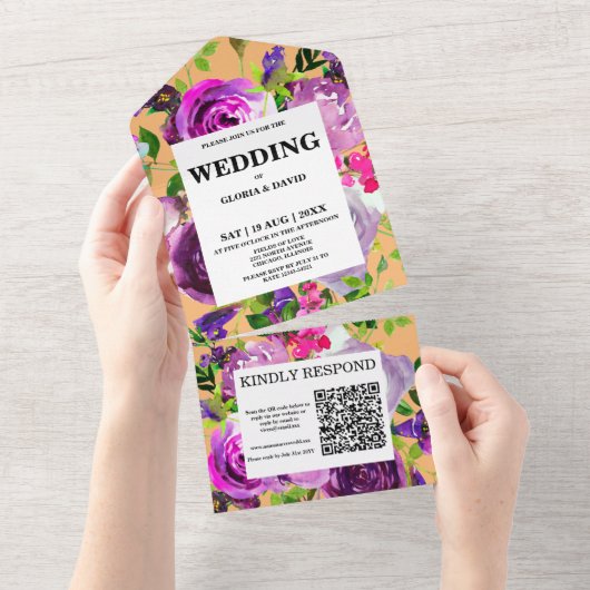 Romantische Paarse Floral QR-code All In One Uitnodiging (Afscheurbaar)