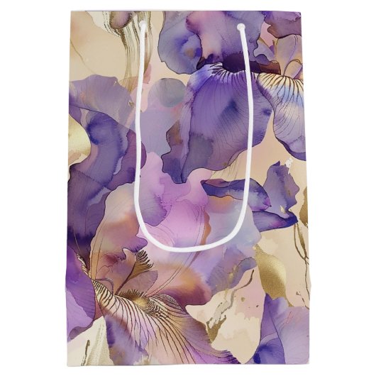 Romantische Paarse Gouden Iris Bloemen Huwelijk Medium Cadeauzakje (Achterkant)