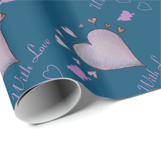 romantische paarse harten in frans blauw cadeaupapier (Rol Hoek)