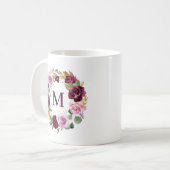 Romantische Paarse Herfst Bloemenkrans Monogram Koffiemok (Voorkant links)