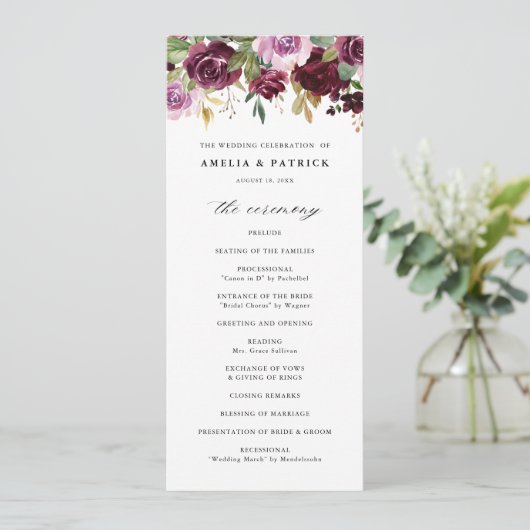 Romantische Paarse Herfst Floral Blooms Rustic Wed Programma (Staand voorkant)