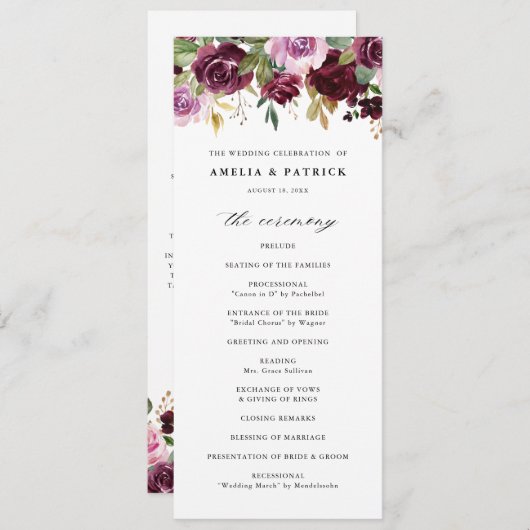 Romantische Paarse Herfst Floral Blooms Rustic Wed Programma (Voorkant / Achterkant)