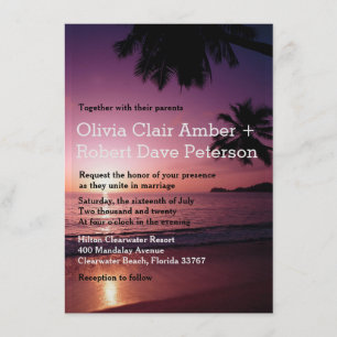 Romantische Paarse Strand Sunset Palms Wedding Kaart