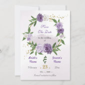Romantische paarse witte bloemen gouden krans save the date (Voorkant)