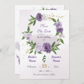 Romantische paarse witte bloemen gouden krans save the date (Voorkant / Achterkant)