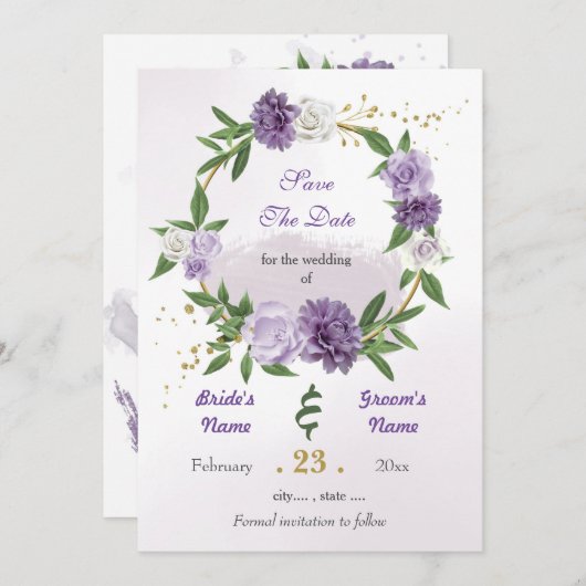 Romantische paarse witte bloemen gouden krans save the date (Voorkant / Achterkant)
