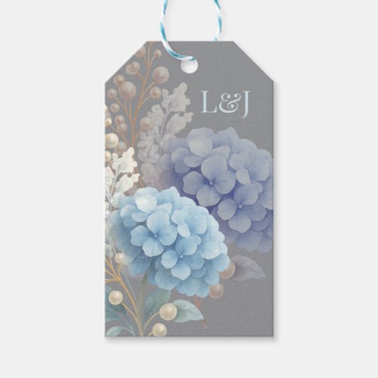 Romantische Parel Hydrangea Blauw Waterverf Huweli Cadeaulabel (Voorkant)