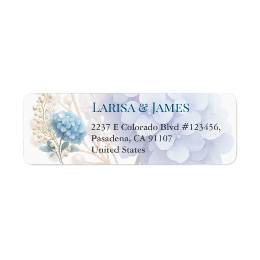 Romantische Parel Hydrangea Blauw Waterverf Huweli Etiket (Voorkant)