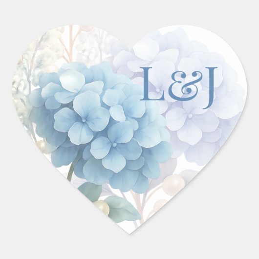 Romantische Parel Hydrangea Blauw Waterverf Huweli Hart Sticker (Voorkant)