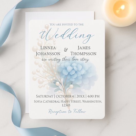 Romantische Parel Hydrangea Blauw Waterverf Huweli Kaart