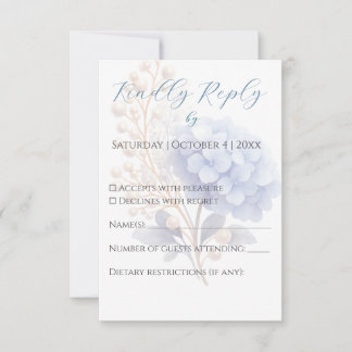 Romantische Parel Hydrangea Blauw Waterverf Huweli RSVP Kaartje