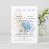 Romantische Parel Hydrangea Blauw Waterverf Huweli Save The Date (Staand voorkant)