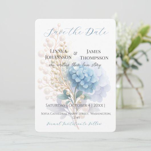 Romantische Parel Hydrangea Blauw Waterverf Huweli Save The Date (Staand voorkant)