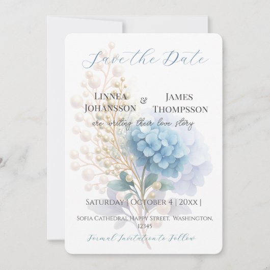 Romantische Parel Hydrangea Blauw Waterverf Huweli Save The Date (Voorkant)