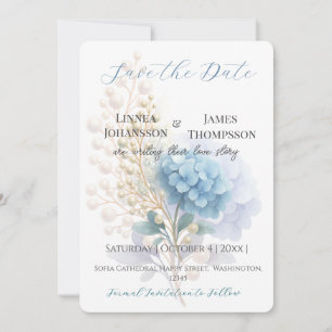 Romantische Parel Hydrangea Blauw Waterverf Huweli Save The Date
