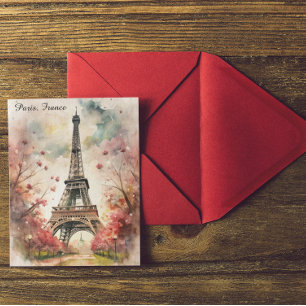 Romantische Parijse Eiffeltoren Waterverf Bloem Briefkaart