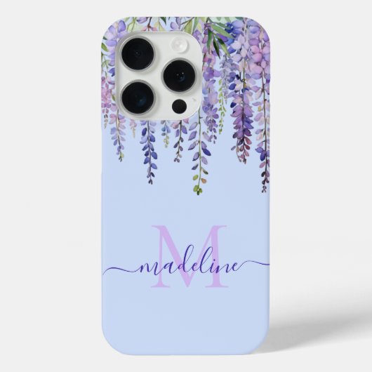 Romantische Pastel Blauw Wisteria Monogram Script Case-Mate iPhone Case (Achterkant)