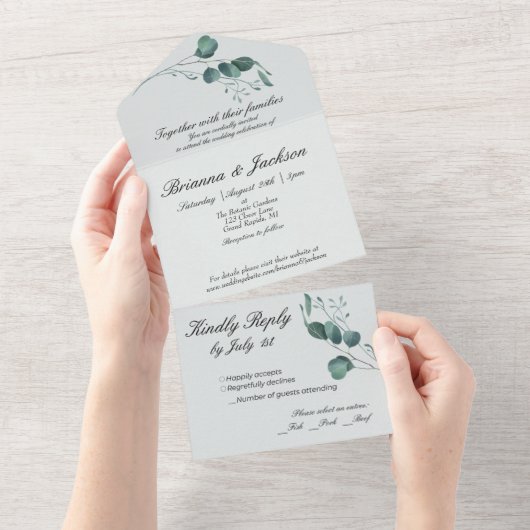 Romantische Pastel Groene Eucalyptus All In One Uitnodiging (Afscheurbaar)