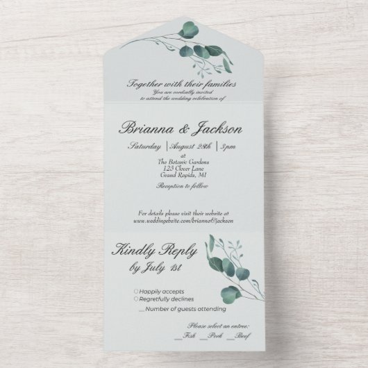 Romantische Pastel Groene Eucalyptus All In One Uitnodiging (Binnen)
