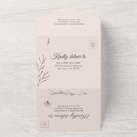 Romantische perzik en grijze elegante bruiloft all in one uitnodiging (Buitenkant)