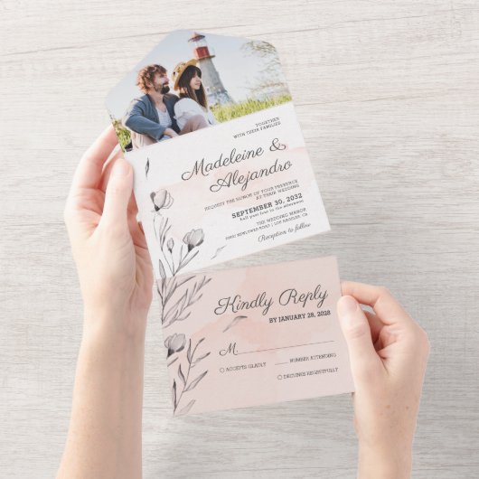 Romantische perzik en grijze elegante bruiloft all in one uitnodiging (Afscheurbaar)