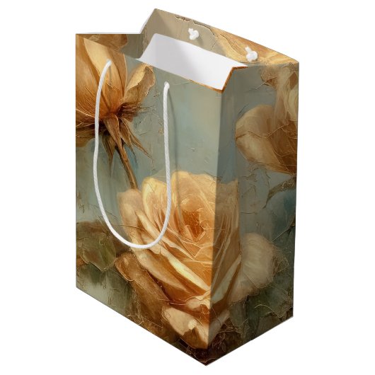 Romantische perzikrozen bloemrijke bruidsdouche medium cadeauzakje (Achterkant Gekanteld)