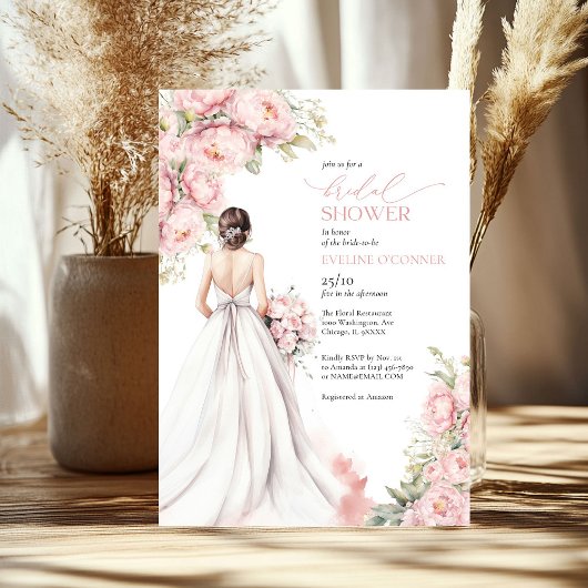 Romantische pioenen blush roze bruid jurk kaart