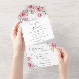 Romantische pioenen bruiloft all in one uitnodiging