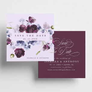 Romantische Plum Paarse & Indigo Blue Floral Weddi Save The Date