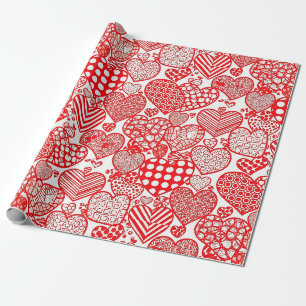 Romantische Polka Hart Doodle Rood Wit Cadeaupapier