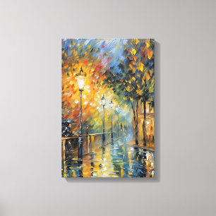 Romantische regenachtige avond straatbeeld Impress Canvas Afdruk