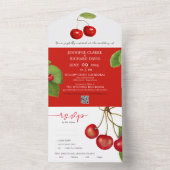 Romantische Retro Rood Wit Kersenfruit QR Huwelijk All In One Uitnodiging (Binnen)