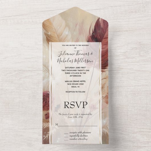 Romantische  Rode Crème Boho Feathers bruiloft All In One Uitnodiging (Binnen)