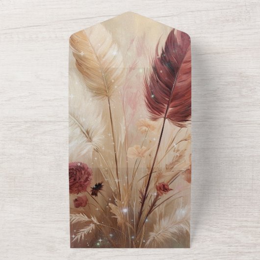 Romantische  Rode Crème Boho Feathers bruiloft All In One Uitnodiging (Buitenkant)