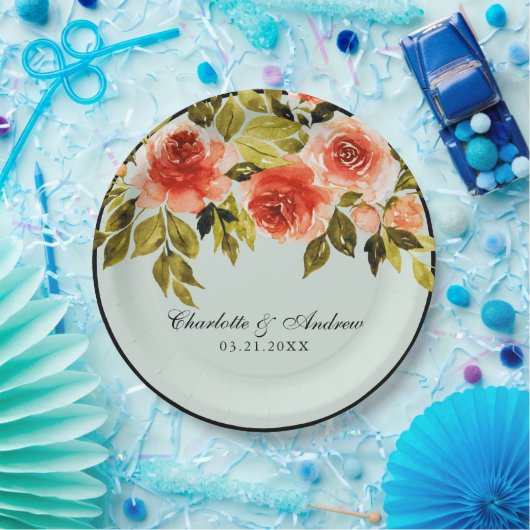 Romantische rode en groene Waterverf bloemenbruilo Papieren Bordje (Feest)