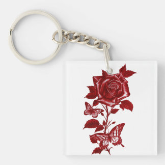 Romantische Rode Inkt Roos en Vlinders Graphickeyc Sleutelhanger