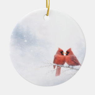 Romantische Rode Kardinalen Winter Watercolor Wens Keramisch Ornament