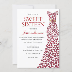 Romantische Rode Liefdeshartjurk Sweet 16 Uitnodig Kaart
