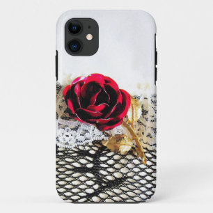Romantische rode roos en witte kant iPhone 11 hoesje