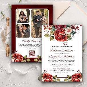 Romantische Rode Rozen Bloemen Foto QR Code Trouwd Kaart