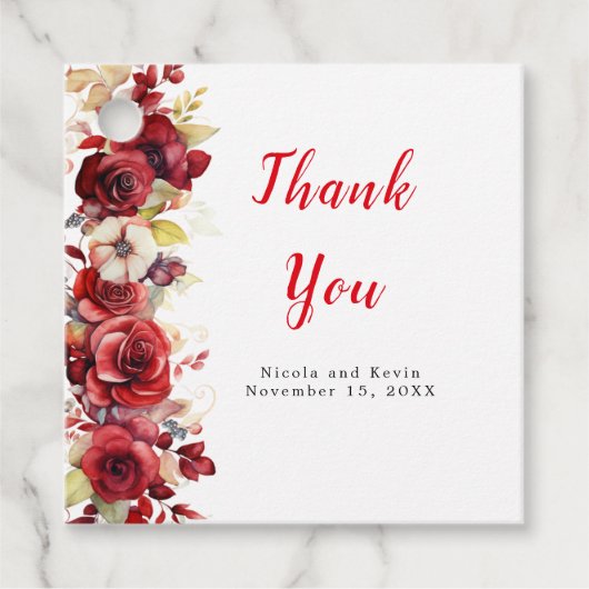 Romantische rode rozen bloemenbruiloft bedankjes labels (Voorkant)