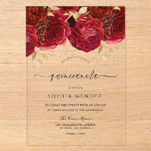 Romantische Rode Rozen Elegant Quinceanera Feest Acryl Uitnodigingen