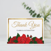 Romantische rode rozen | Elegant script bruiloft Bedankkaart (Staand voorkant)